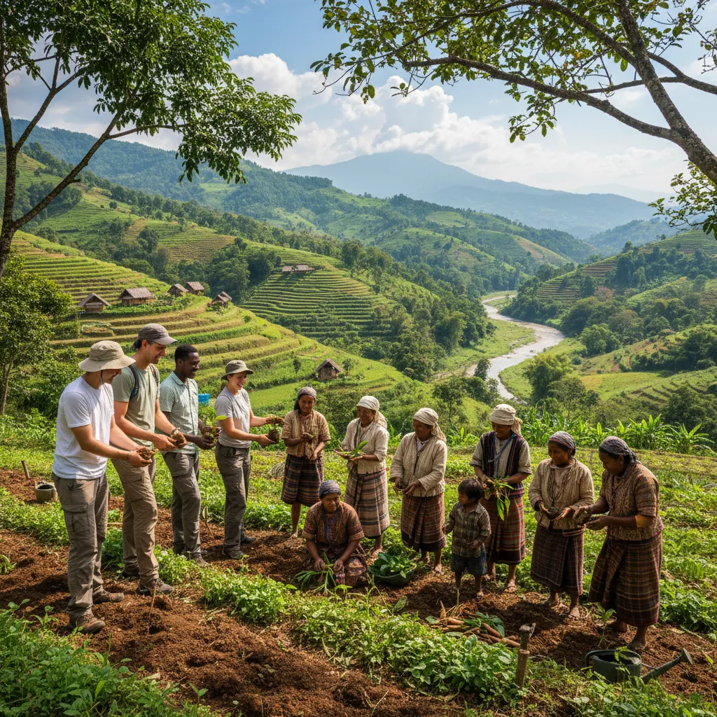 Travelers planting trees with local community members