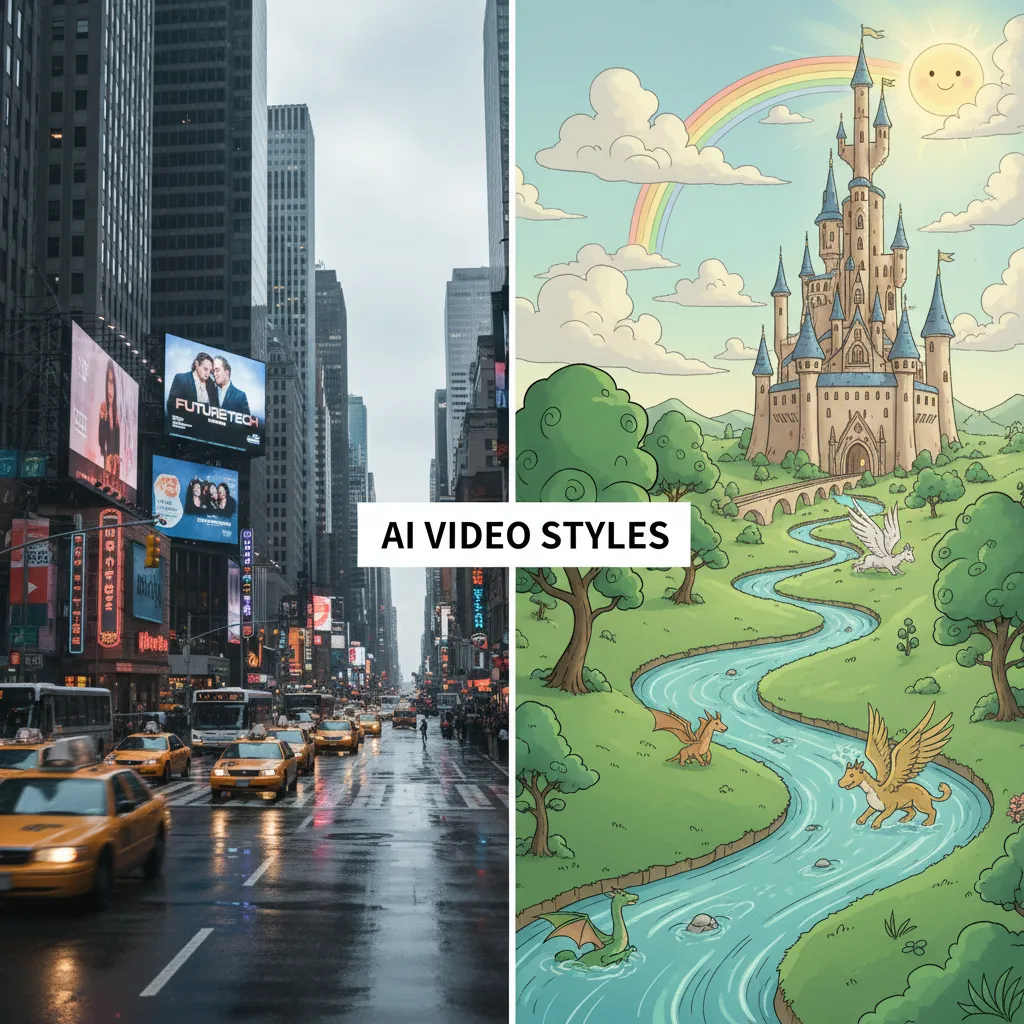 Comparison of photorealistic vs. animated AI video generation styles.