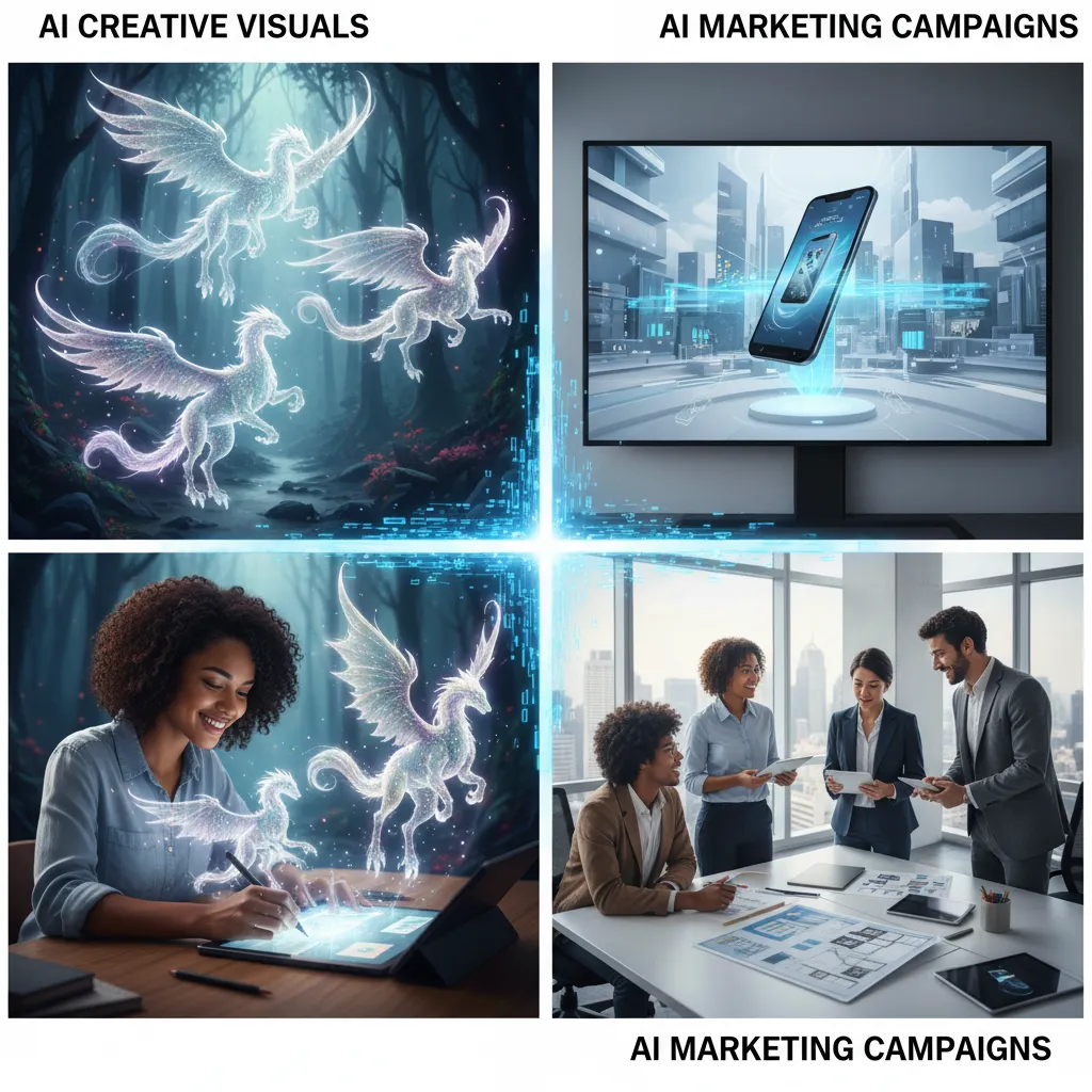 Split image showing creative and business applications of text-to-video AI generation.