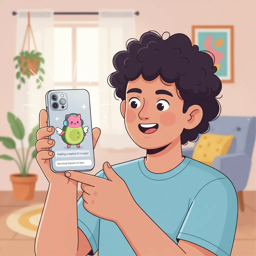 Person smiling, viewing a Genmoji on their iPhone
