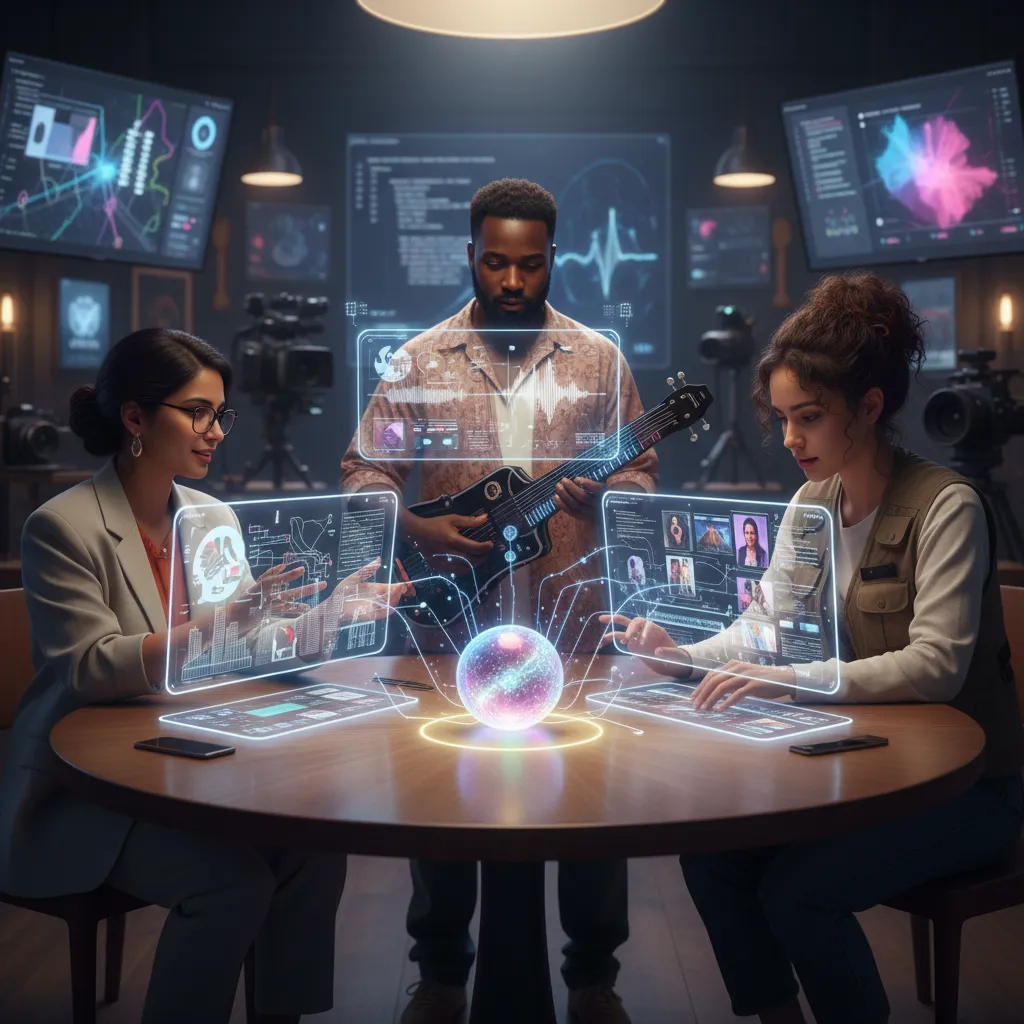 Diverse creative professionals collaborating with AI interfaces on a multimedia project.