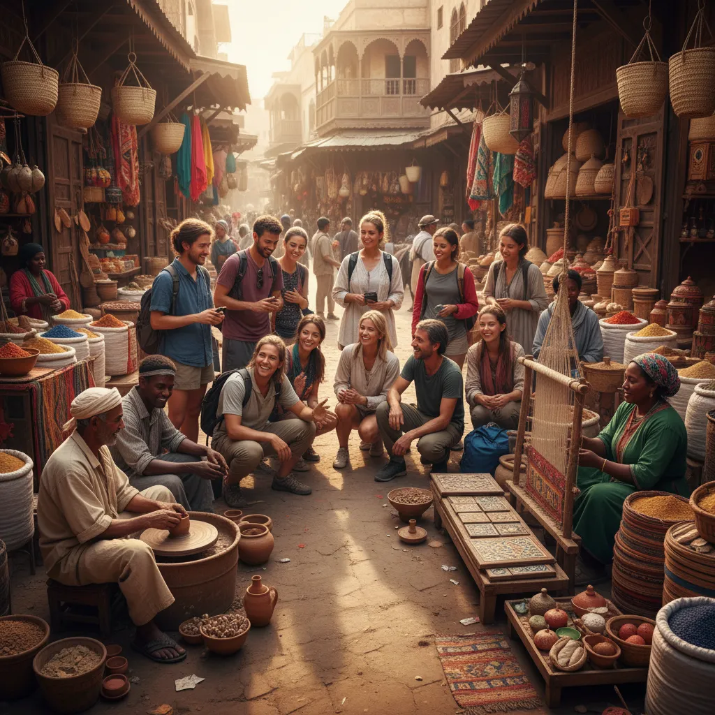 Travelers engaging with local artisans in a marketplace