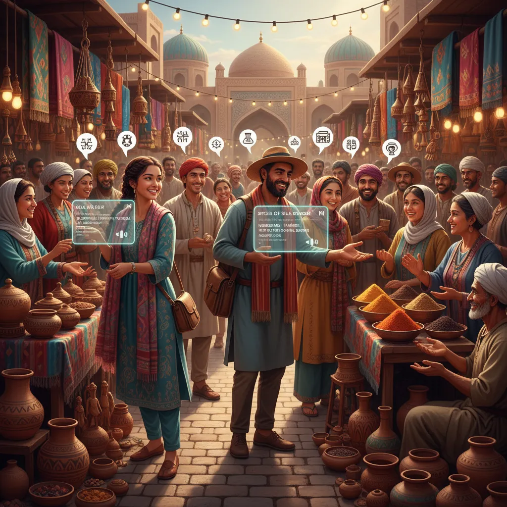 Travelers interacting with local artisans at a market with AI assistance