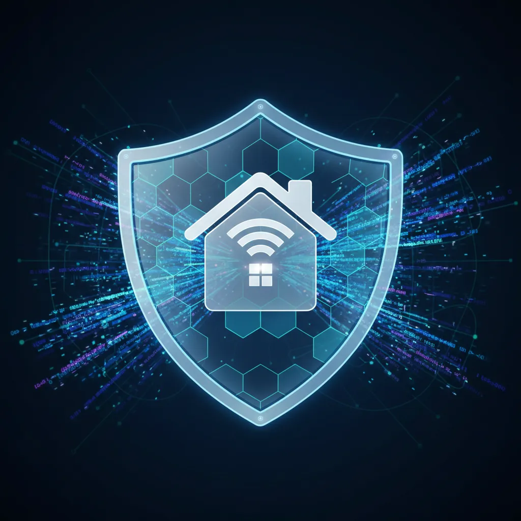 Digital shield protecting smart home icon with binary code