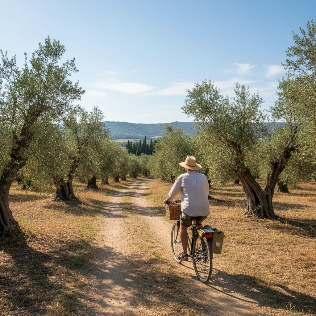 Traveler cycling through a vineyard, symbolizing a slow, immersive way to explore a region
