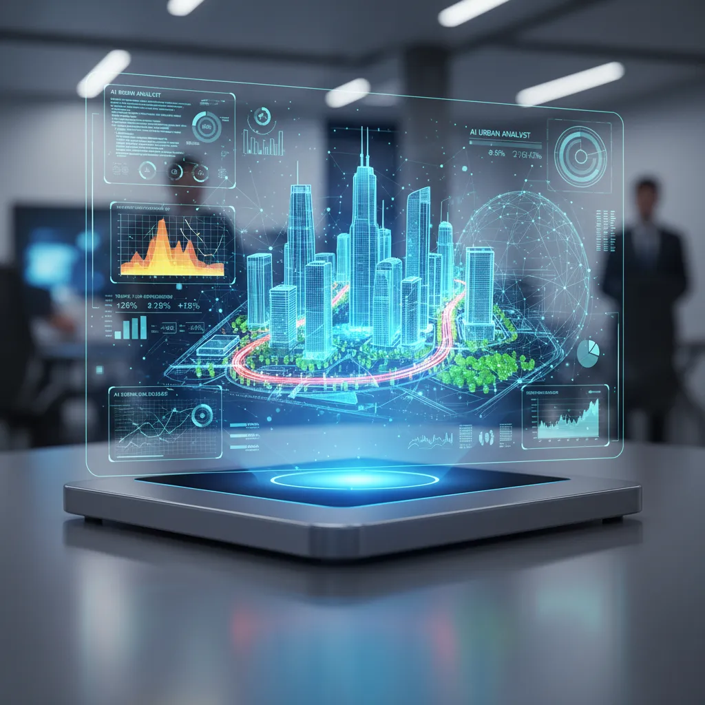 Holographic interface showing AI analyzing city data for urban planning