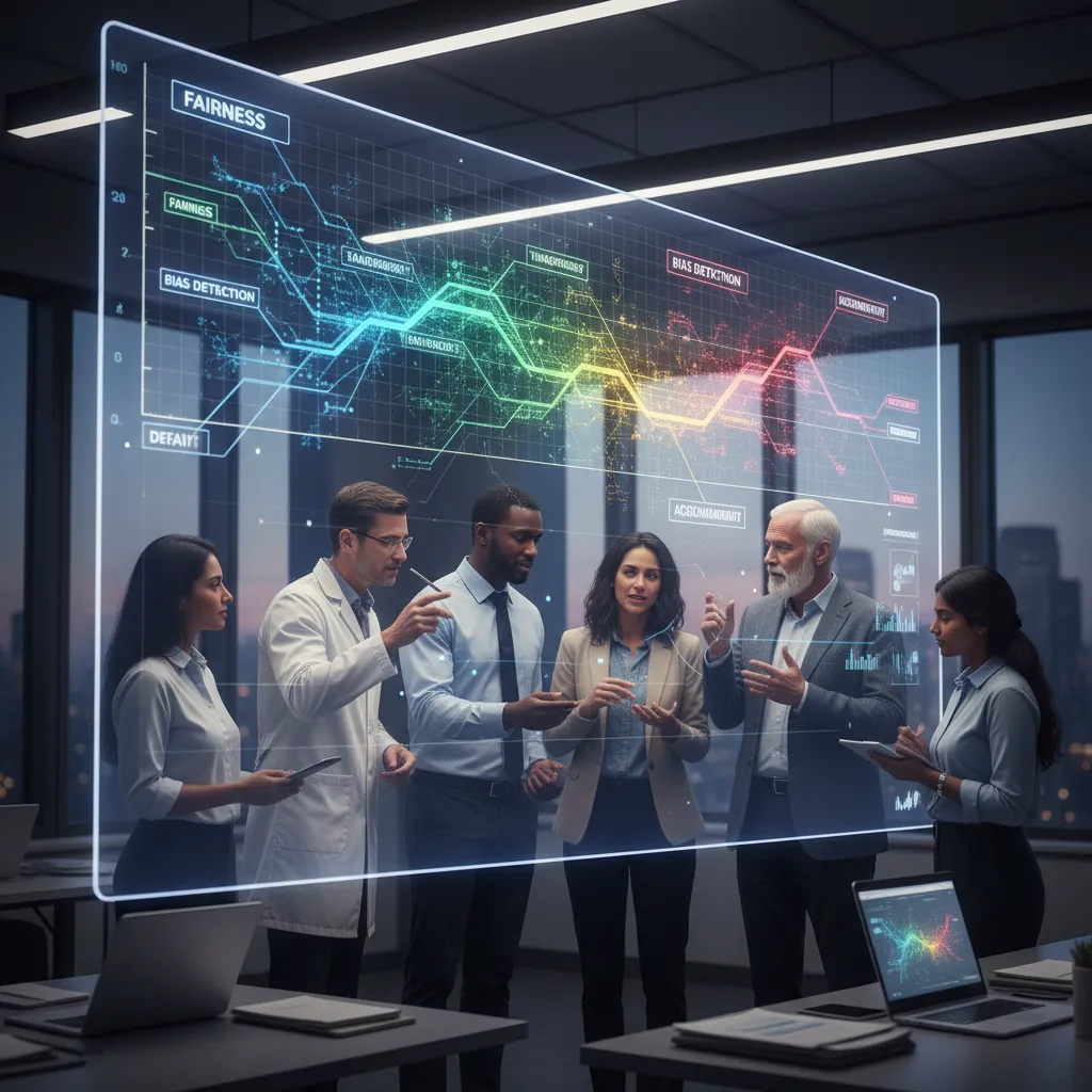 Data scientists and ethicists examining explainable AI model visualization