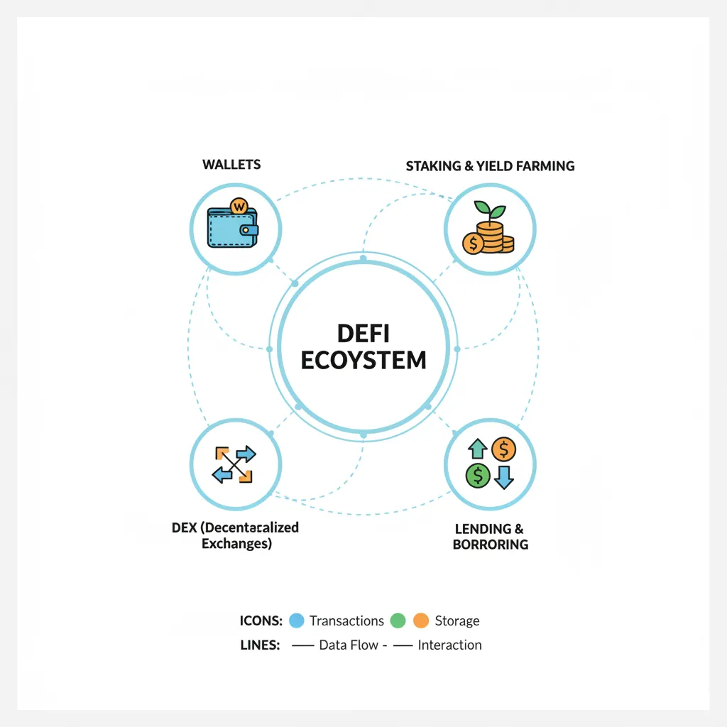 Infographic showing key Decentralized Finance components like DEX, Lending, Staking, and Wallets