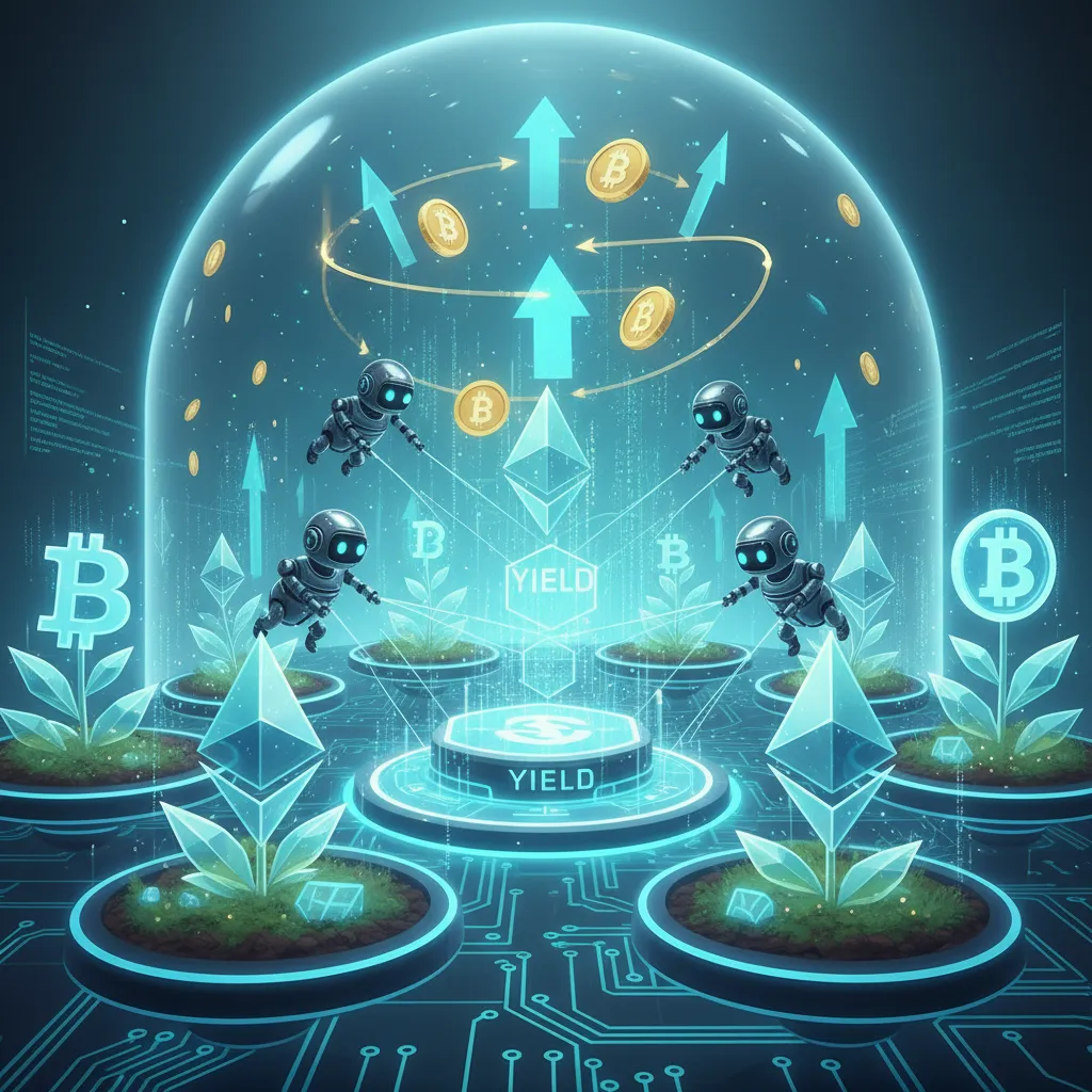 Digital illustration of a yield farm with growing crypto assets and robots