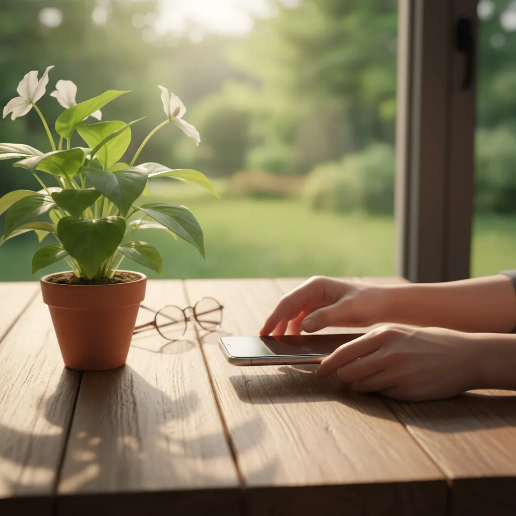 Hands gently placing a smartphone face down on a natural wood surface, with lush green plants in the background, symbolizing a mindful decision to disconnect.