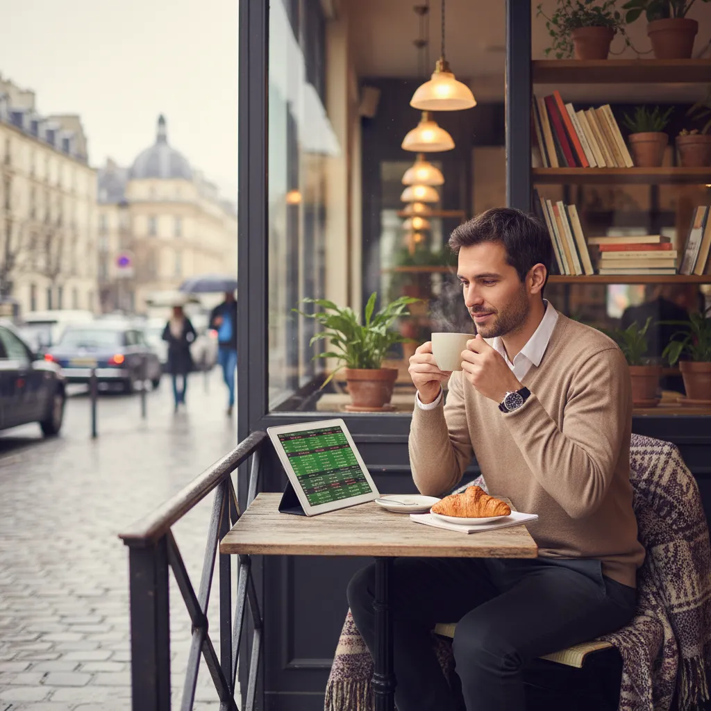 Person budgeting on tablet in foreign cafe