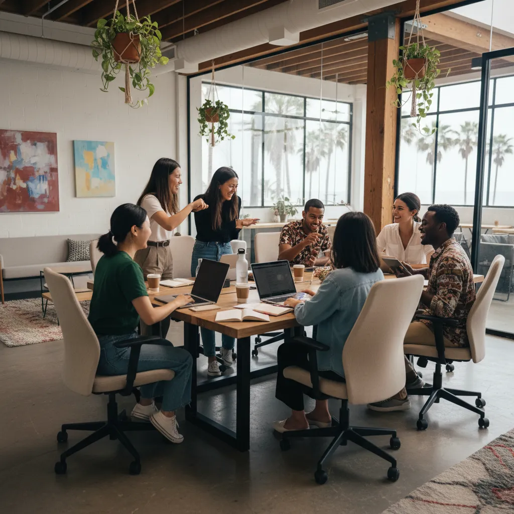 Diverse group of digital nomads collaborating in a co-working space.