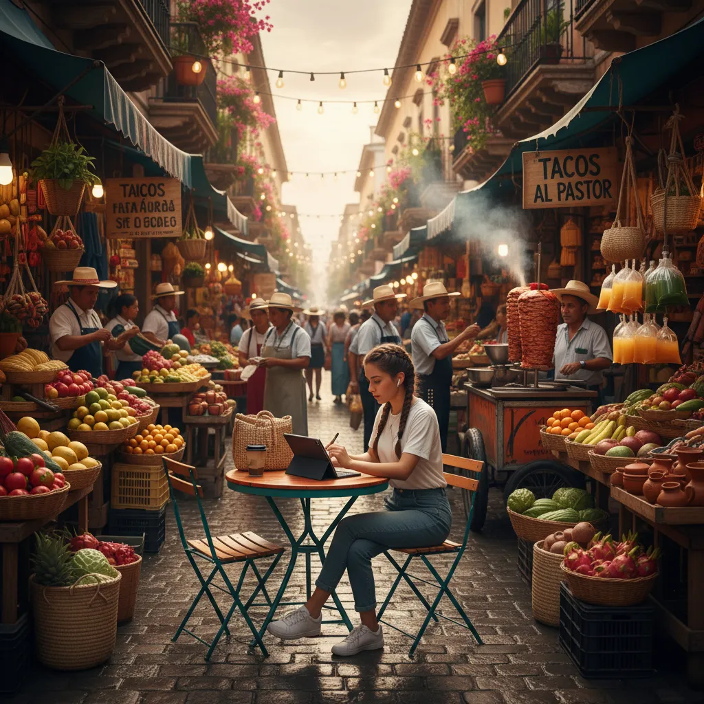 Digital nomad working on tablet at a colorful street market.