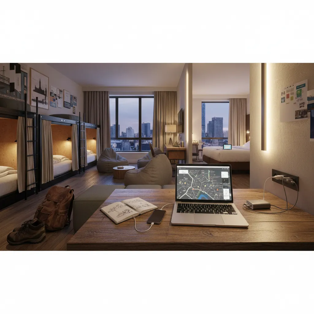 Tech-enabled hostel room with laptop and travel gadgets