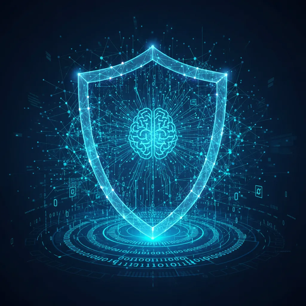 Digital shield representing AI protecting a network with glowing lines