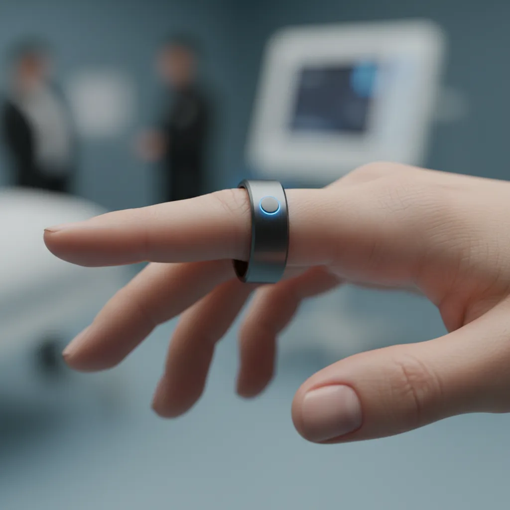 Hand pressing a discreet smart ring for an AI alert