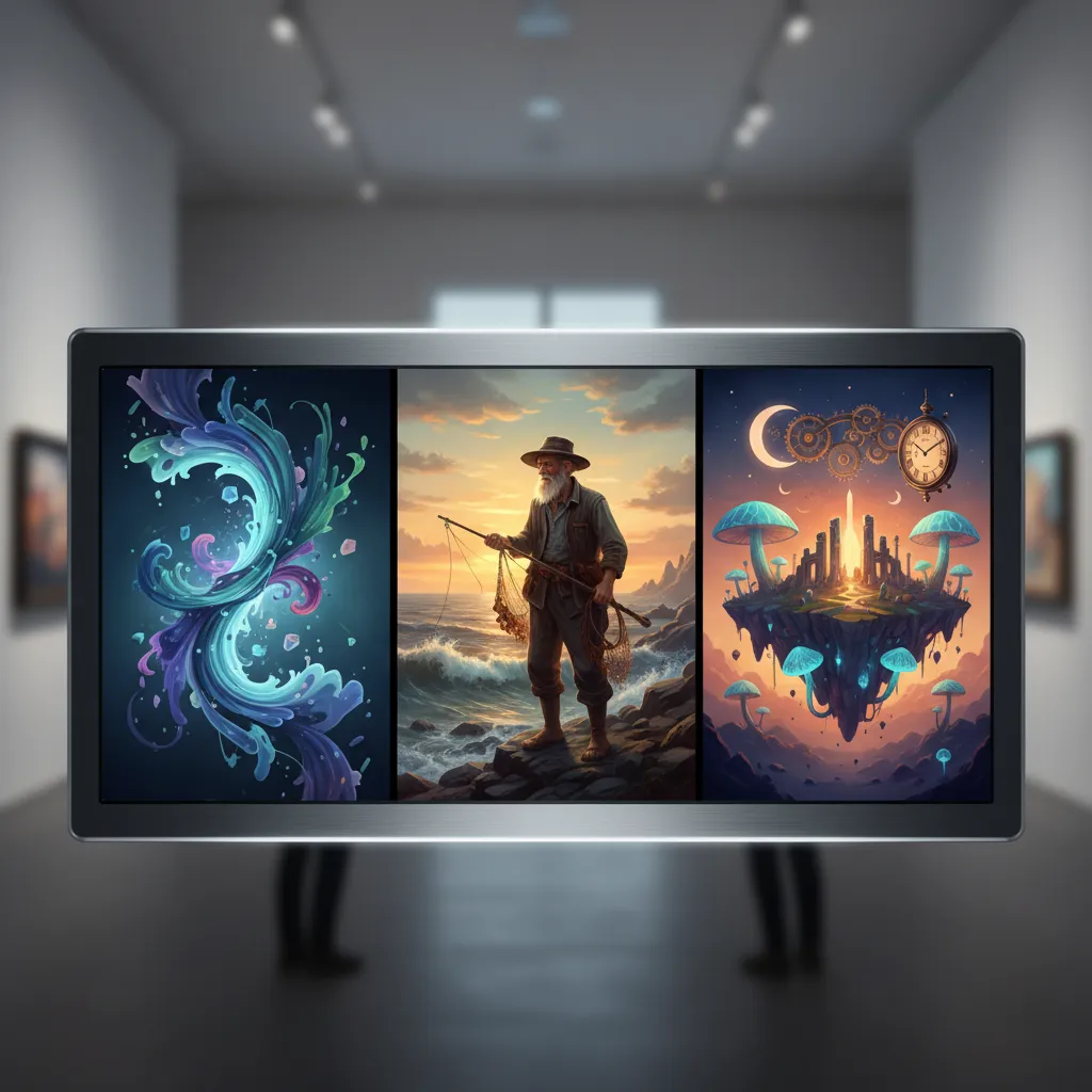 Digital display showing diverse AI art outputs
