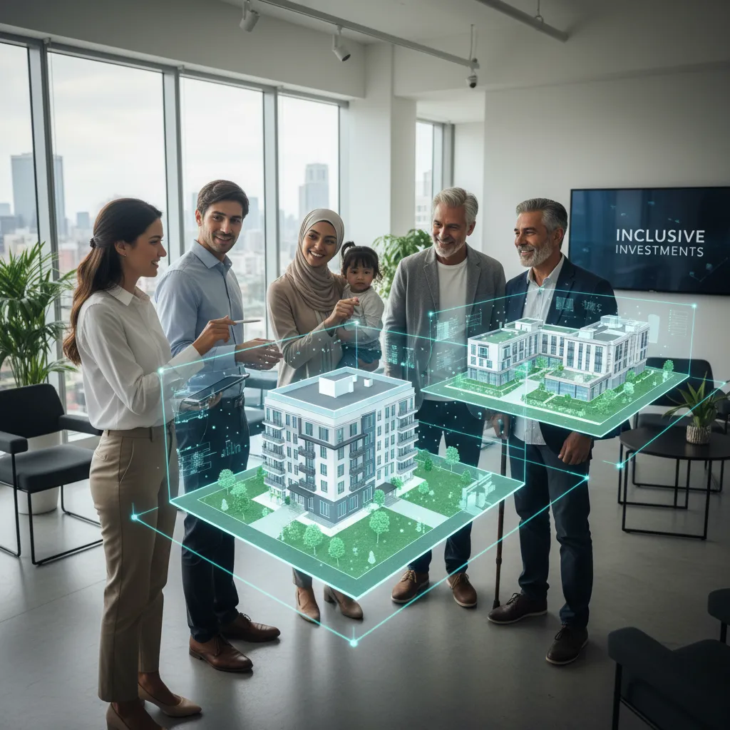 Diverse group of investors viewing a holographic 3D model of a property, discussing investment opportunities.