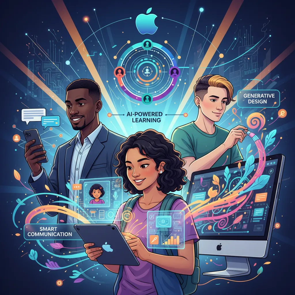 A diverse group of users happily interacting with their Apple devices, empowered by the new AI features.