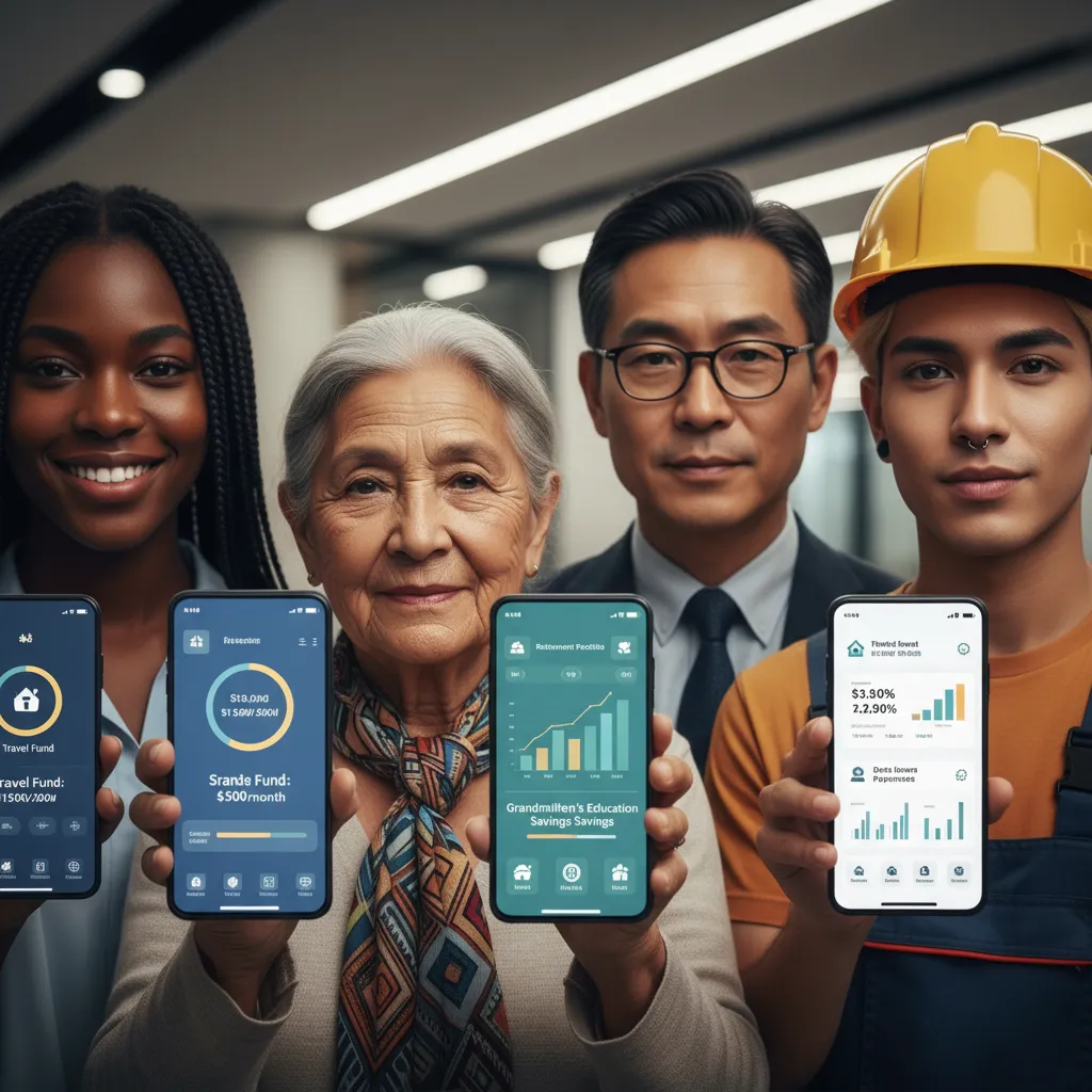 Diverse individuals interacting with AI-powered personalized financial dashboards on smart devices.