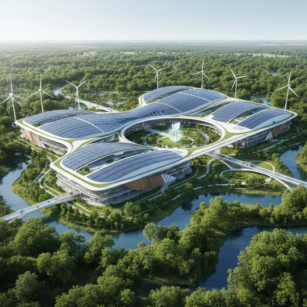 An eco-friendly data center with rows of servers and large windows showing solar panels and wind turbines outside, representing the shift to sustainable infrastructure.