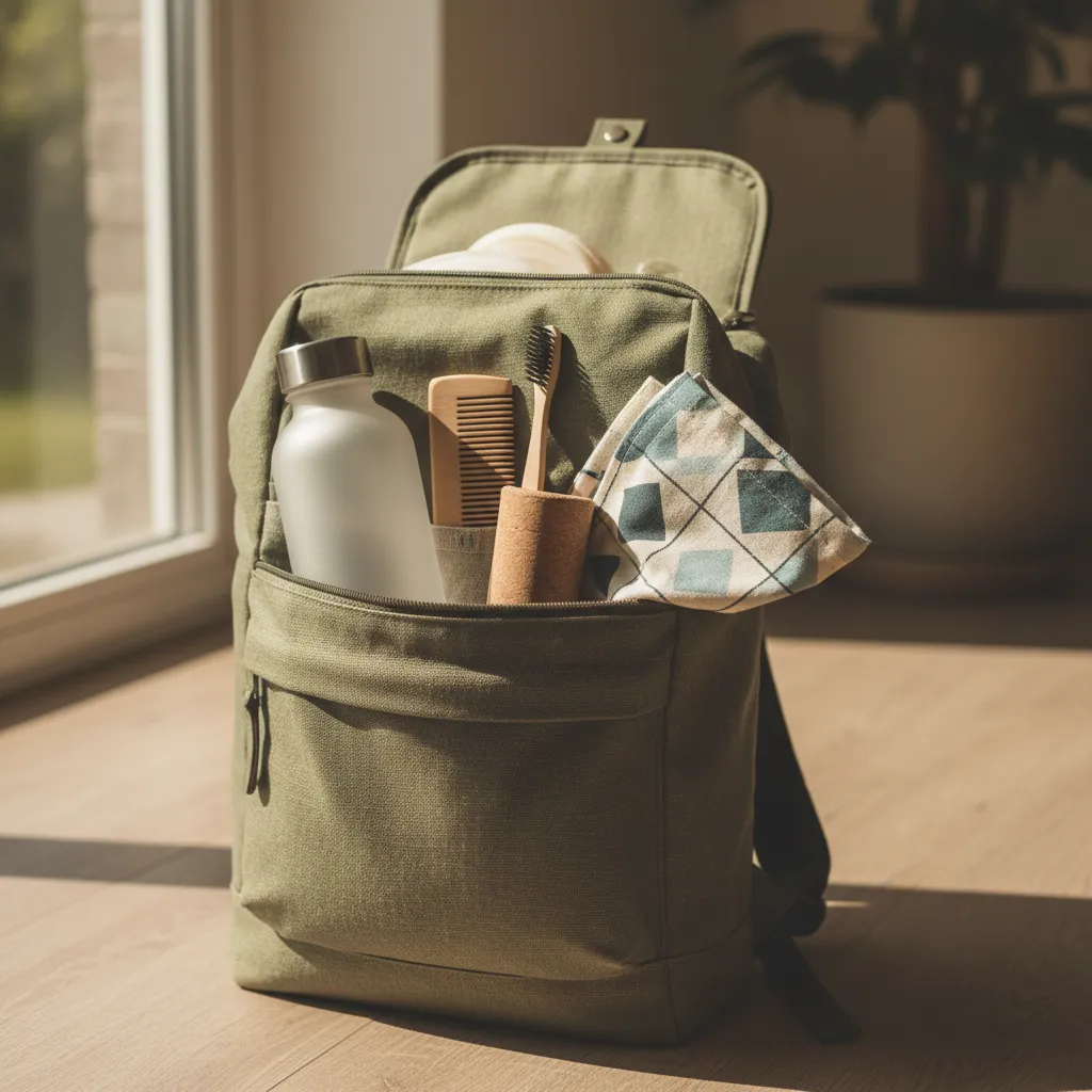 Eco-friendly travel essentials like a recycled water bottle and bamboo toothbrush in a backpack.