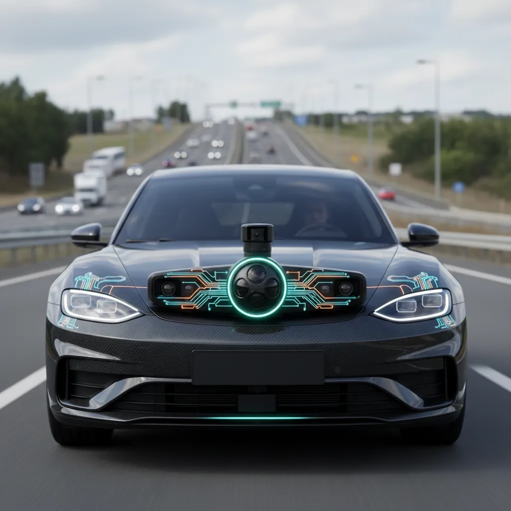 Autonomous car sensor array with on-device AI processing road data.