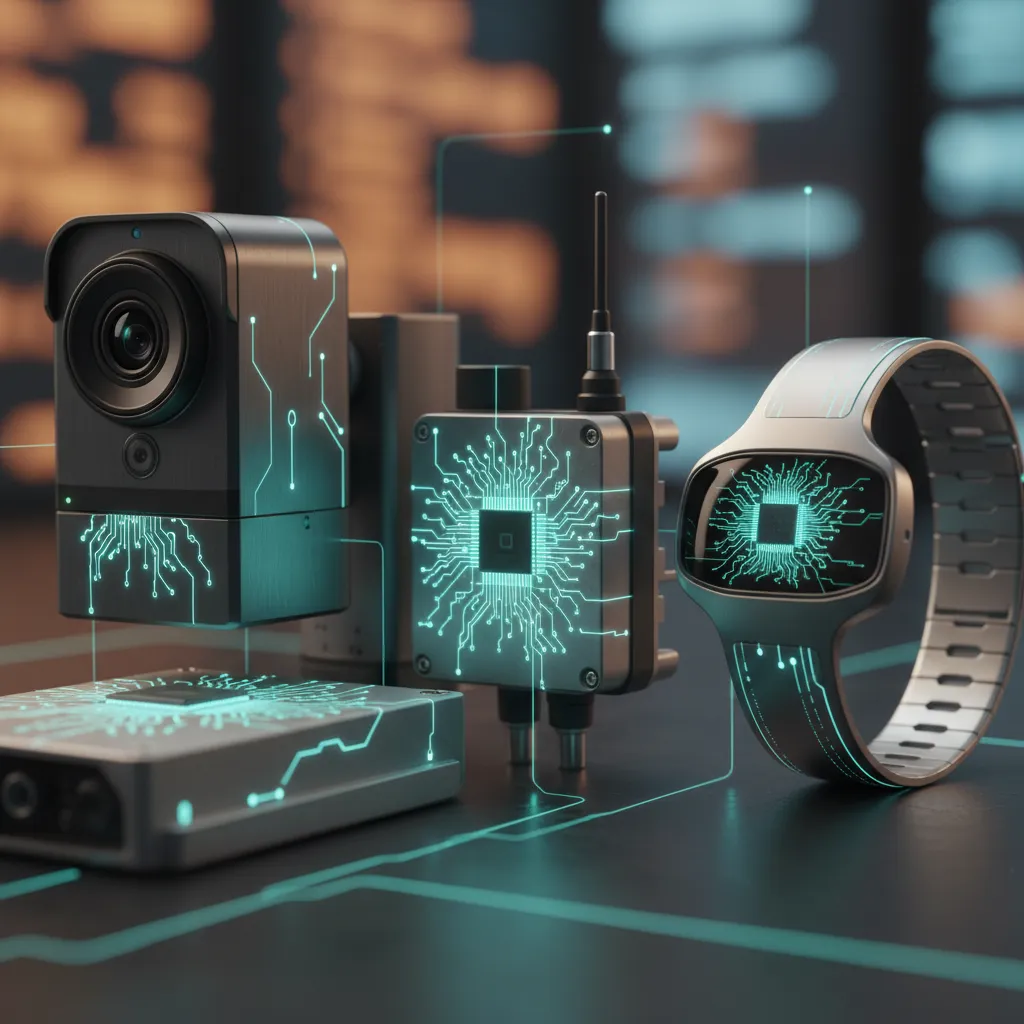 Smart sensors and IoT devices with glowing circuit lines, representing on-device AI processing for Edge AI.