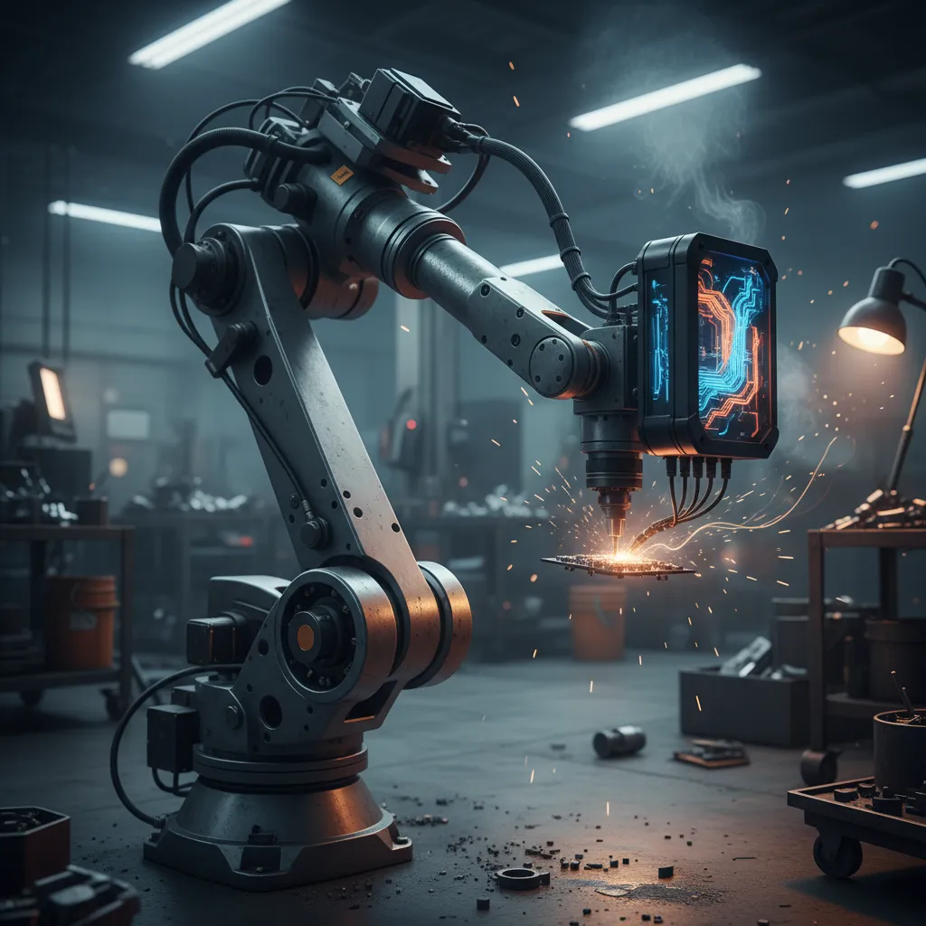 Industrial robot arm with edge computing device on a factory floor.