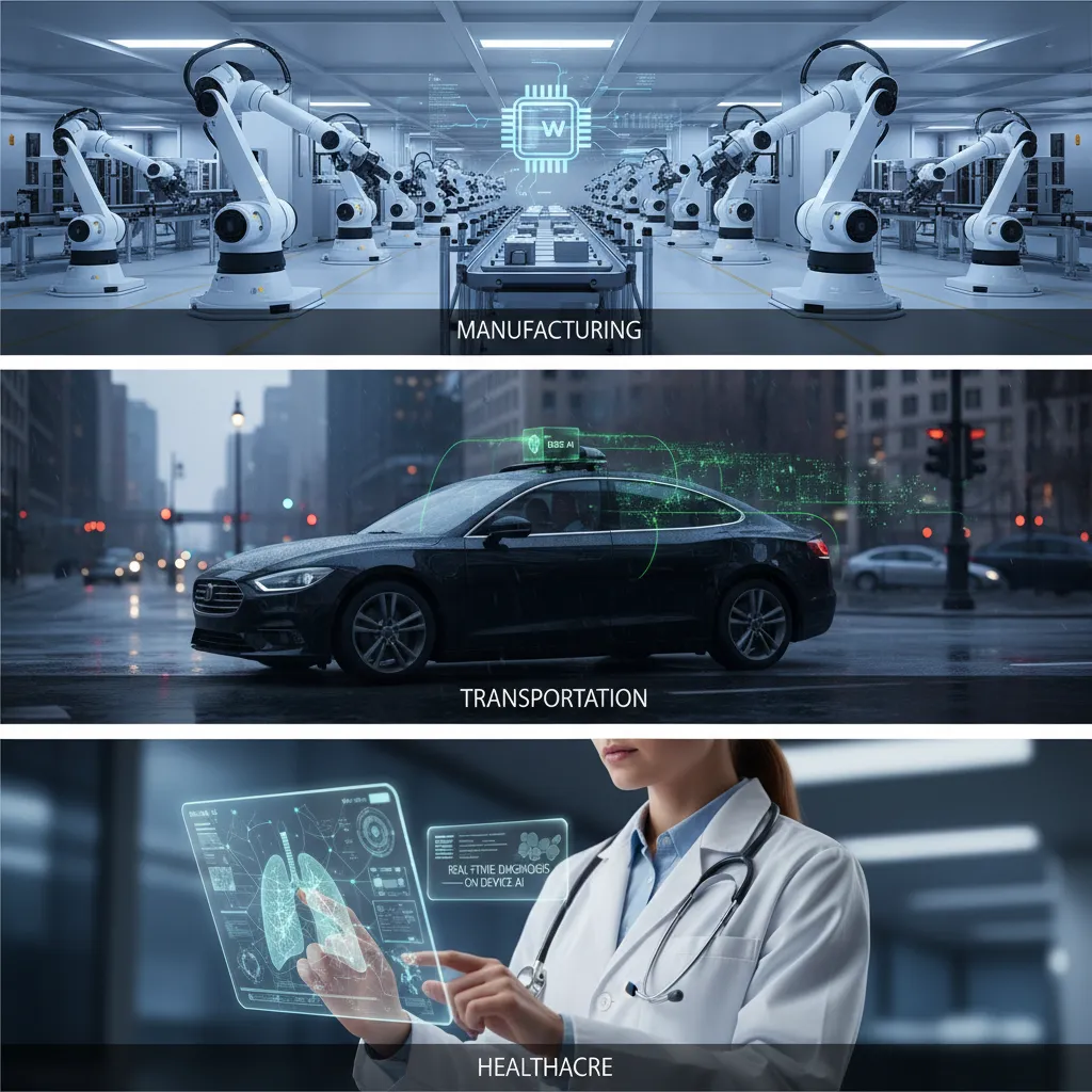 Collage illustrating Edge AI benefits in smart factories, autonomous vehicles, and medical diagnostics.