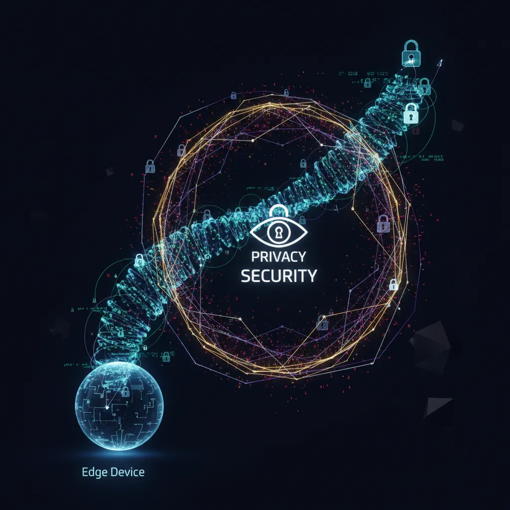 Conceptual image of a secure, encrypted data stream from an edge device, protected by a digital shield, highlighting Edge AI security.