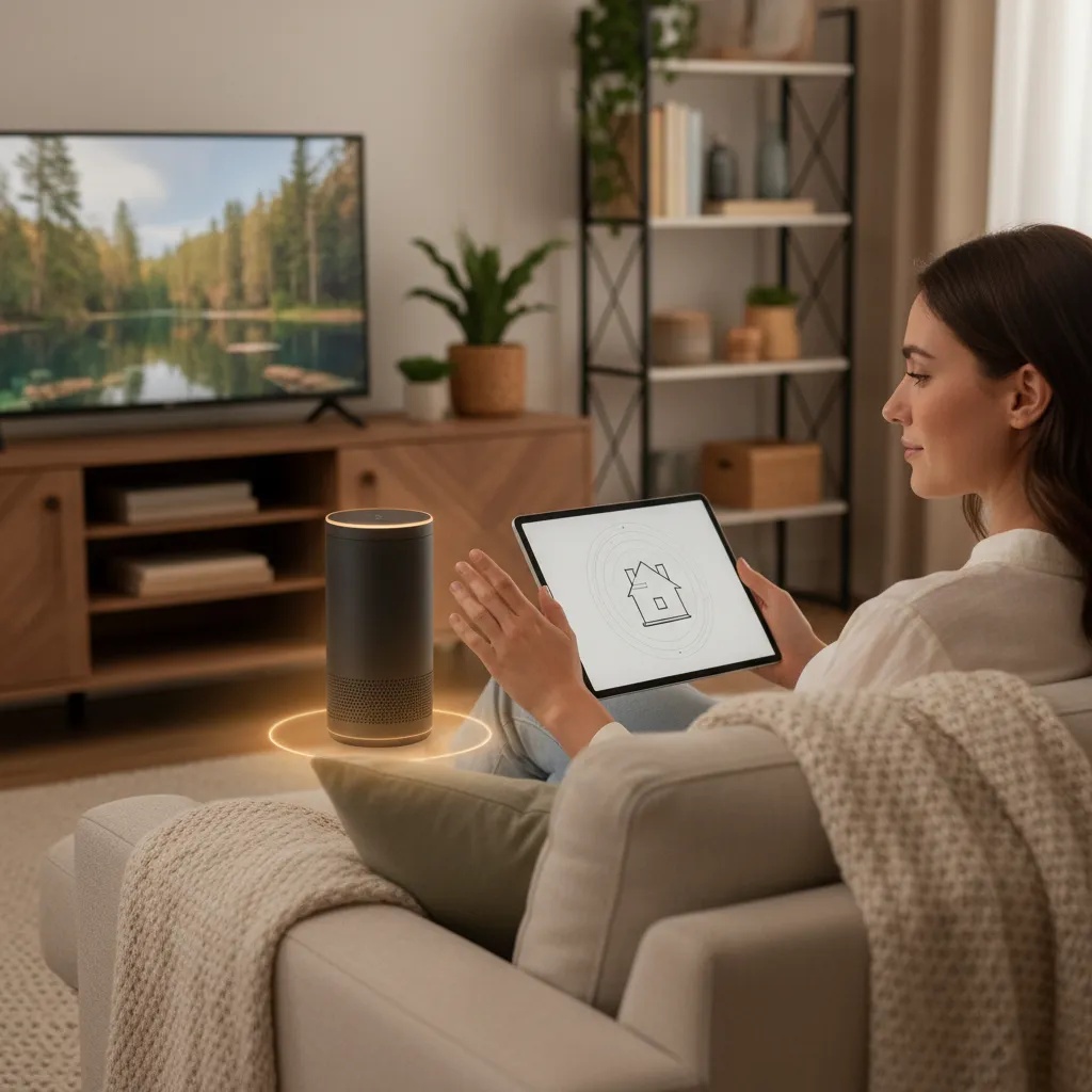 Person interacting with a smart home device using local AI processing.