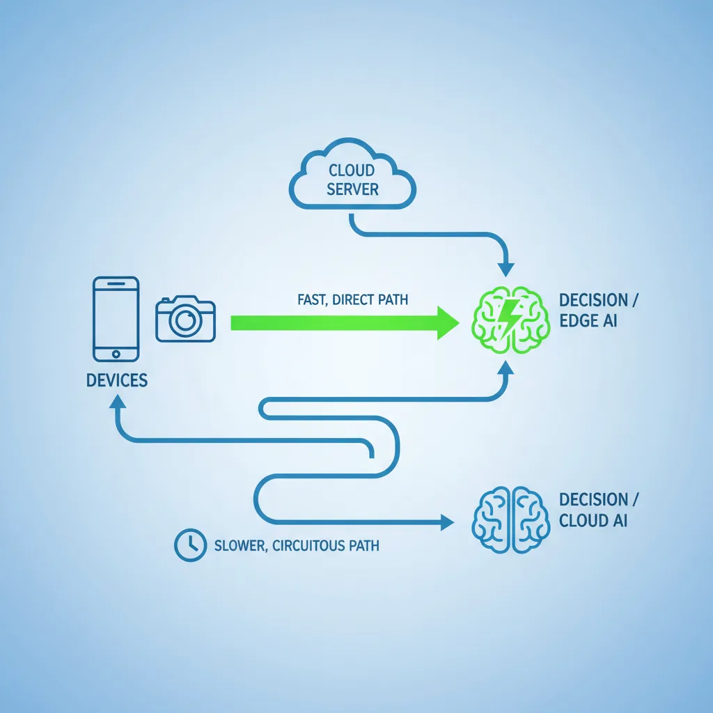 Diagram showing faster, direct data flow for Edge AI compared to the longer path to cloud servers for Cloud AI.