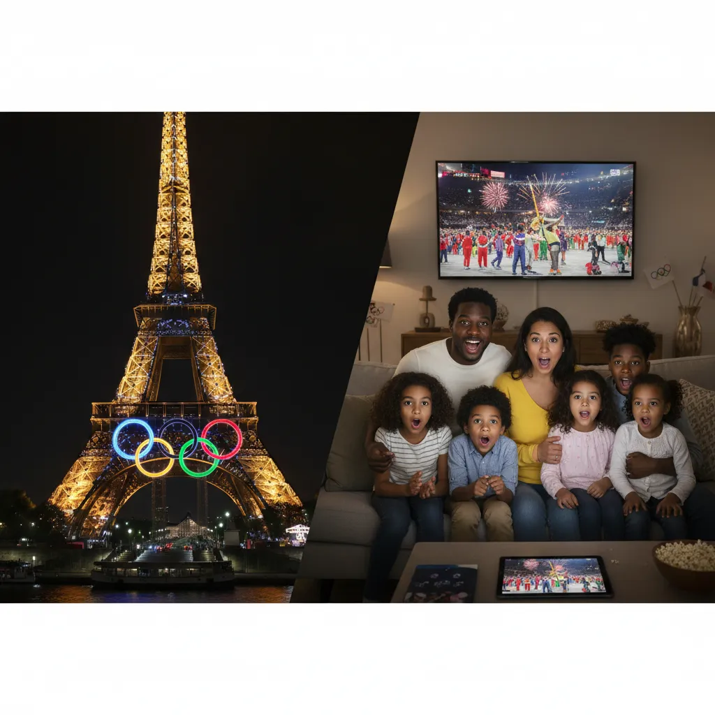 A family watching the Olympics on a large screen in a fan zone with the Eiffel Tower in the background.