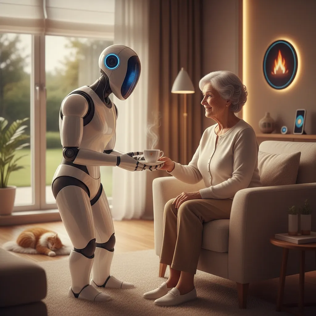Humanoid robot assisting an elderly person in a home setting.