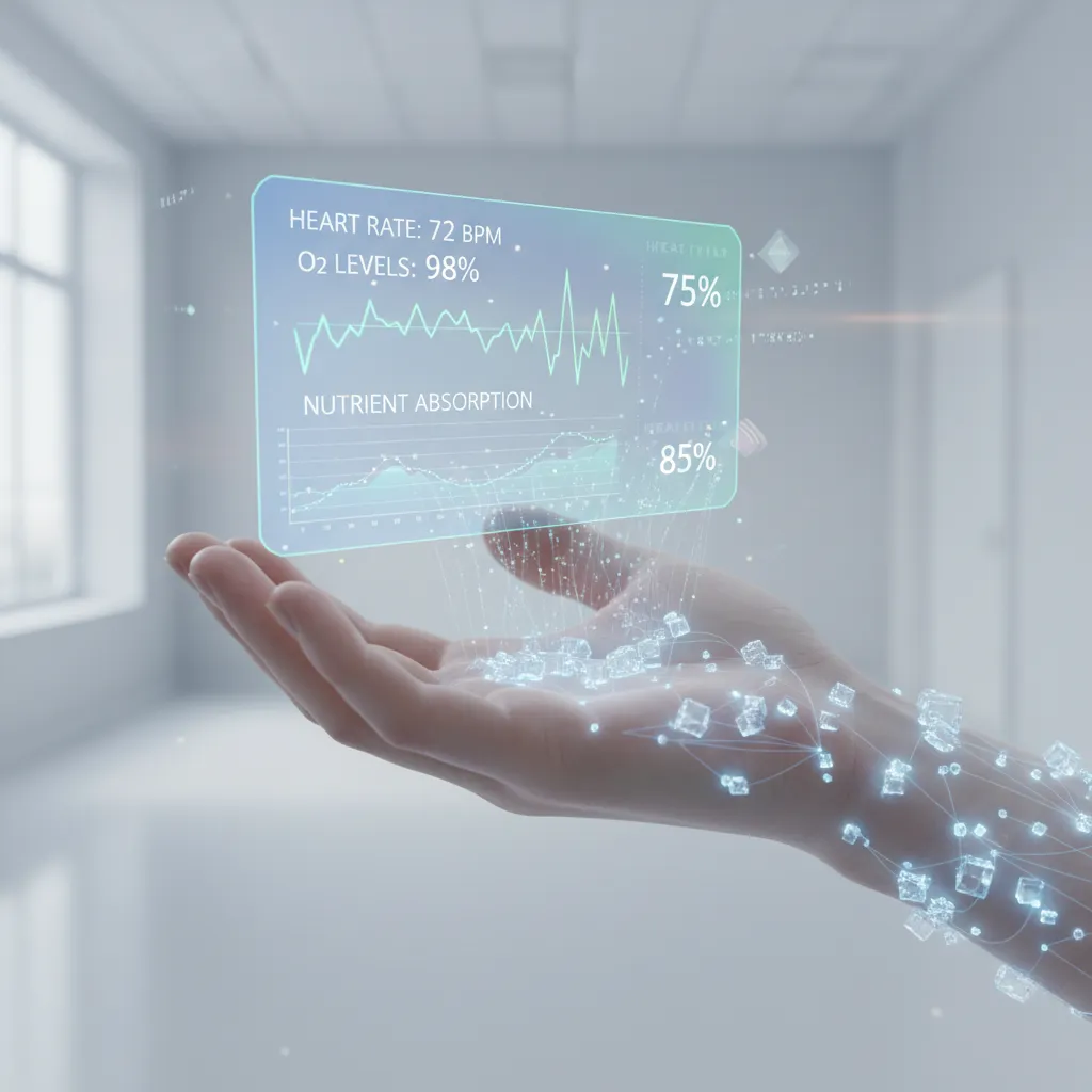 Hand with embedded transparent sensors displaying holographic health data