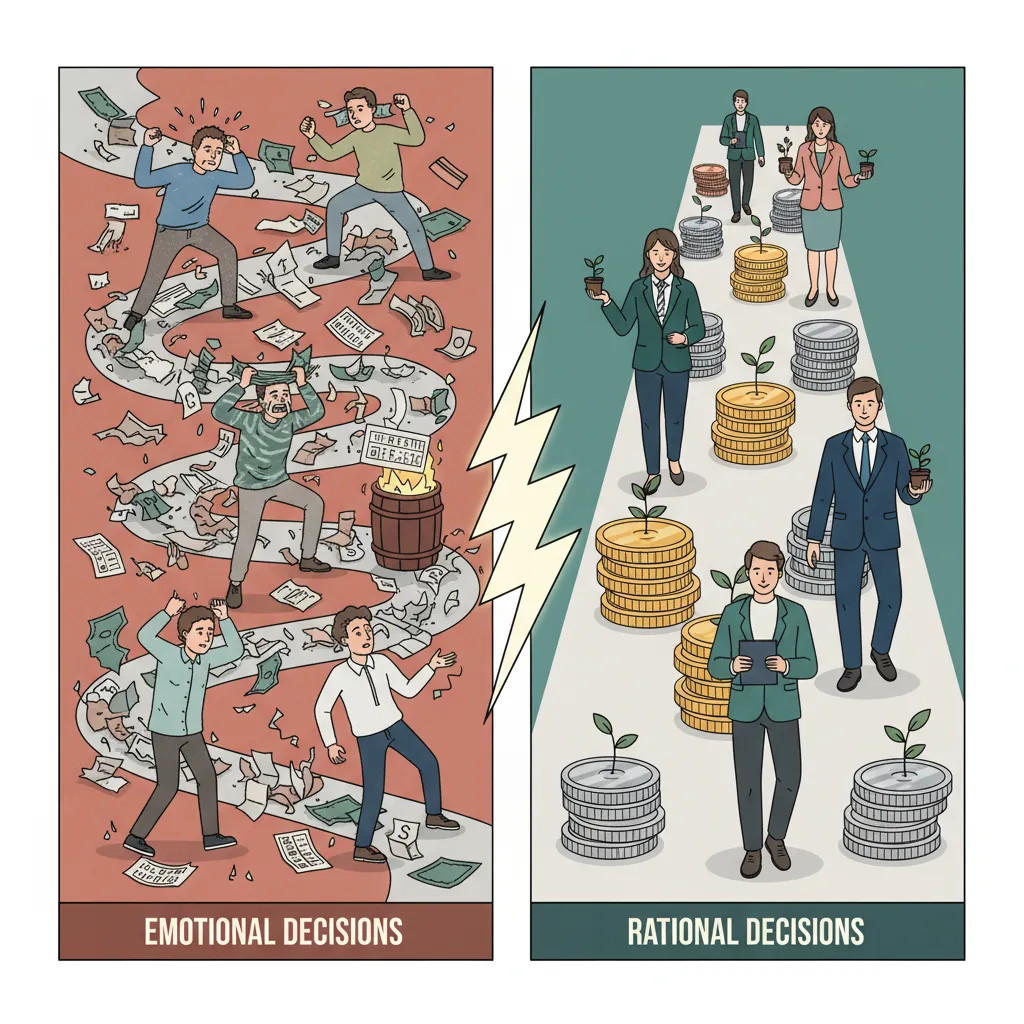 Two paths illustrating chaotic emotional financial decisions versus clear rational financial decisions.