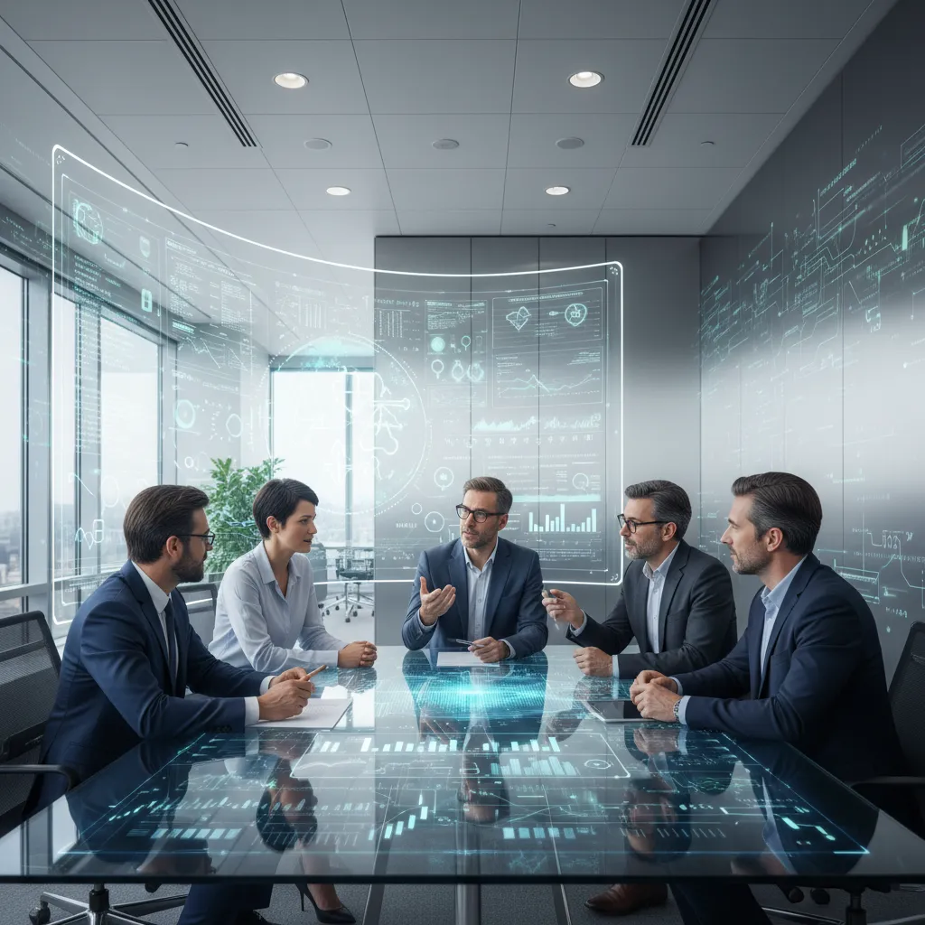 Business professionals discussing strategy with quantum AI visuals