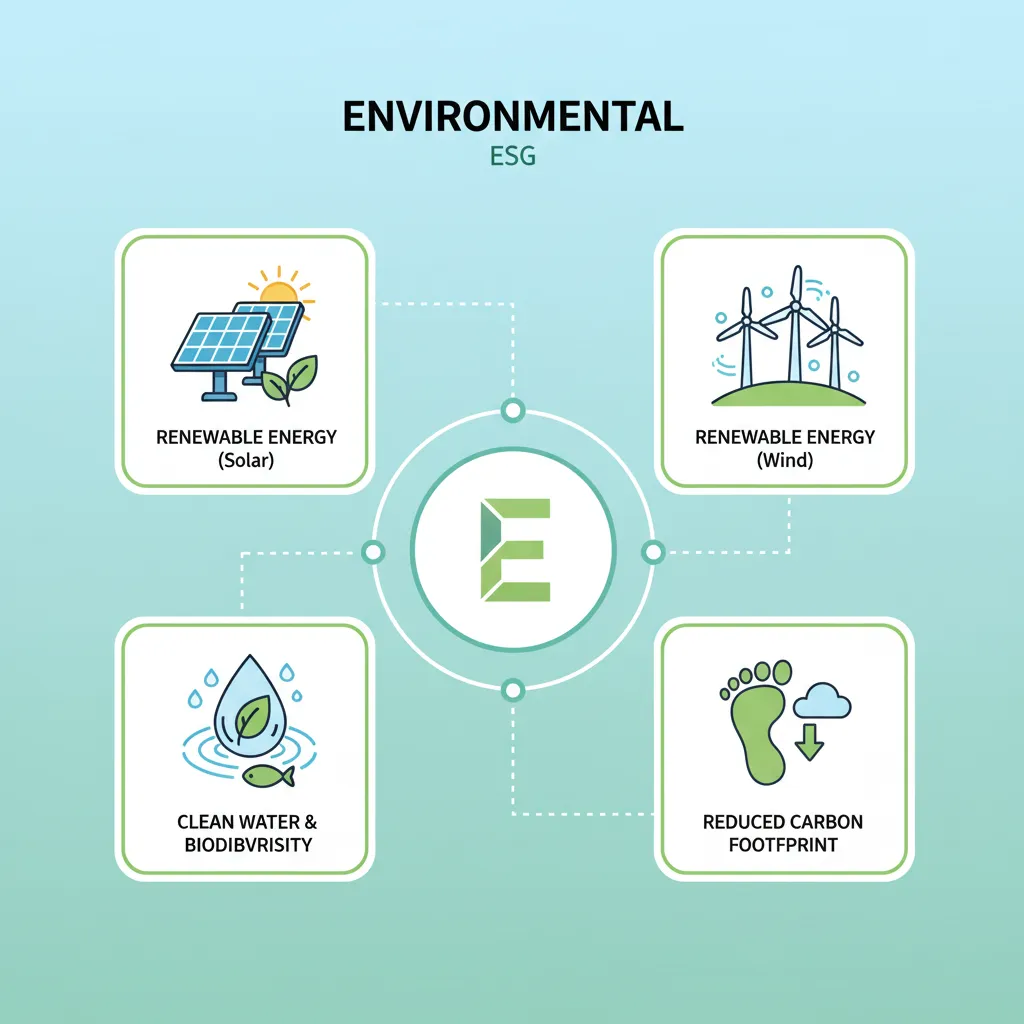 Infographic illustrating environmental impact with solar panels, wind turbines, and clean water.
