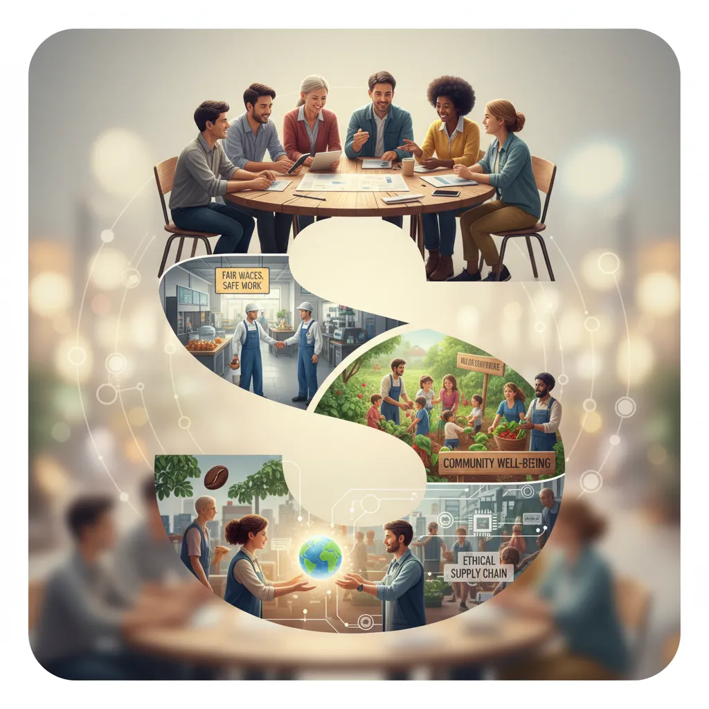 Visual representing social responsibility with diverse individuals collaborating and community support.