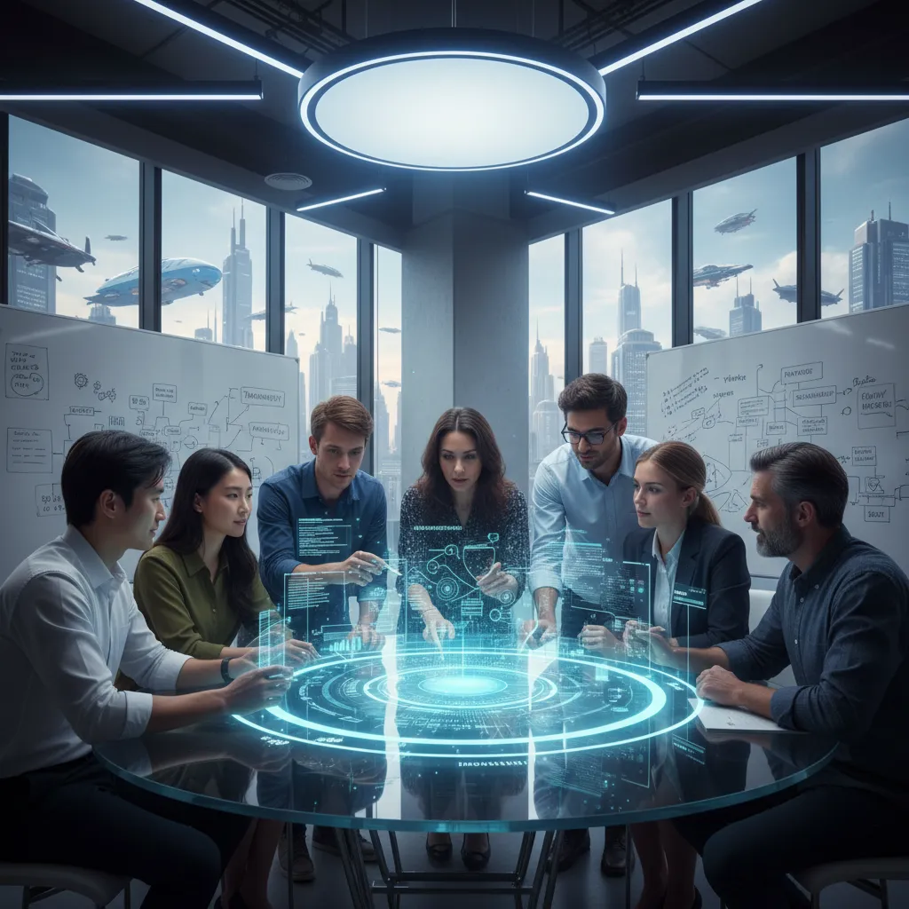 Diverse group collaborating on ethical AI design