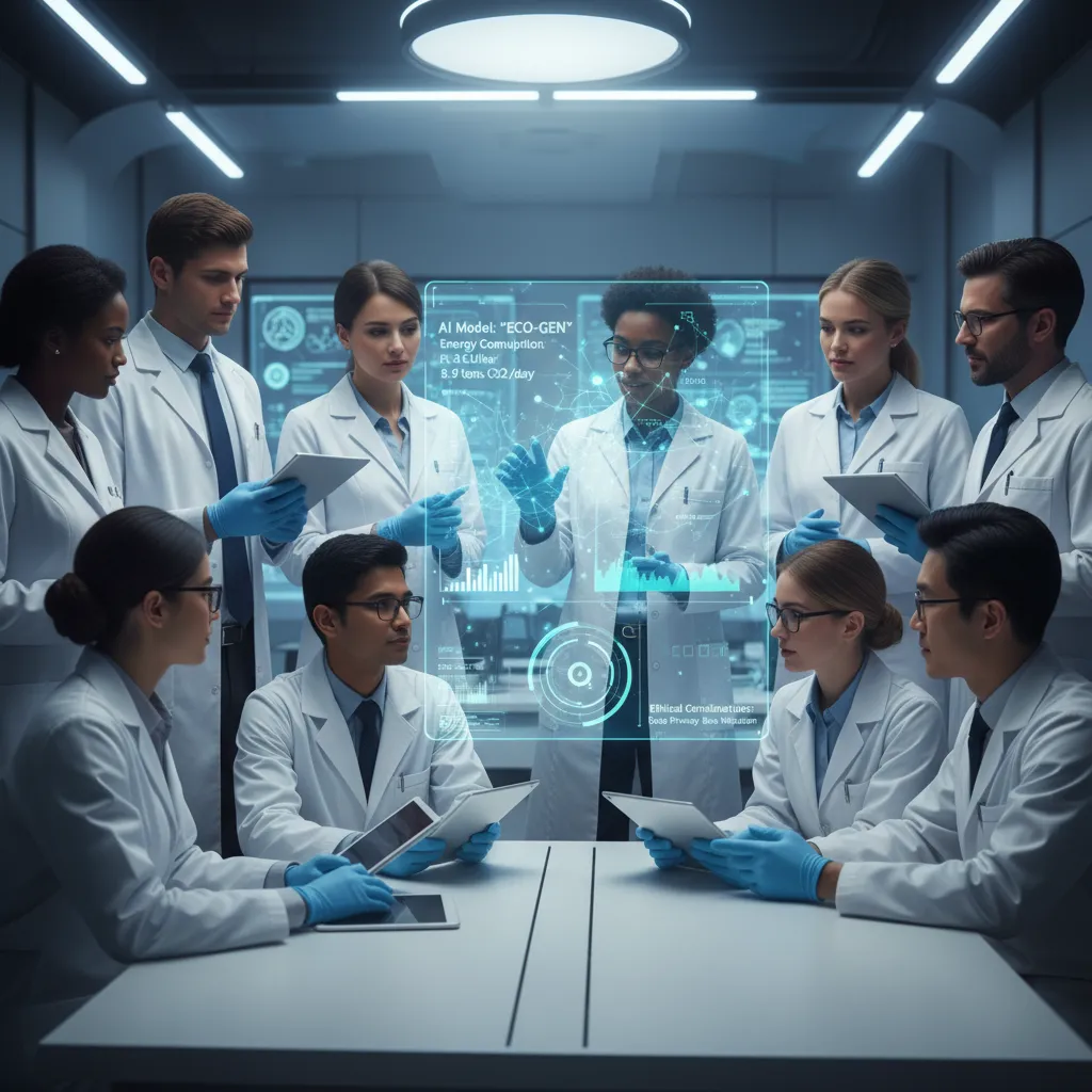 A diverse team of scientists and developers collaborating around a holographic display showing sustainable AI models, emphasizing the human element.