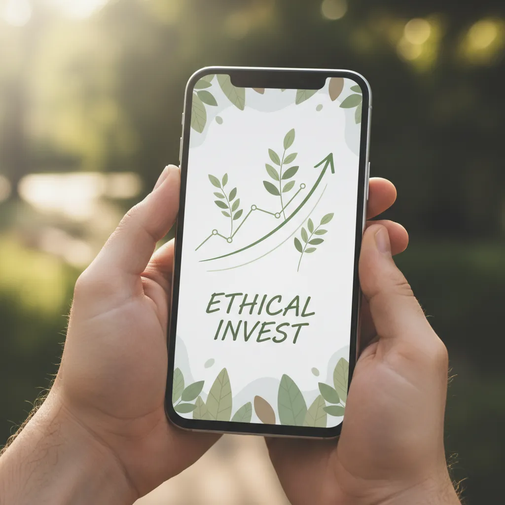 Hands holding a smartphone with an investment app showing green leaves and a stock graph.