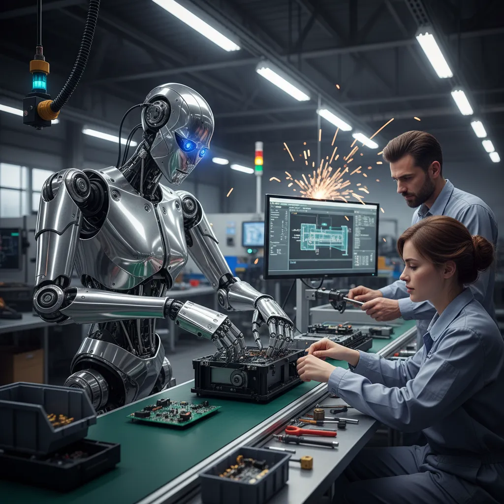 Humanoid robot collaborating with human workers in a factory.