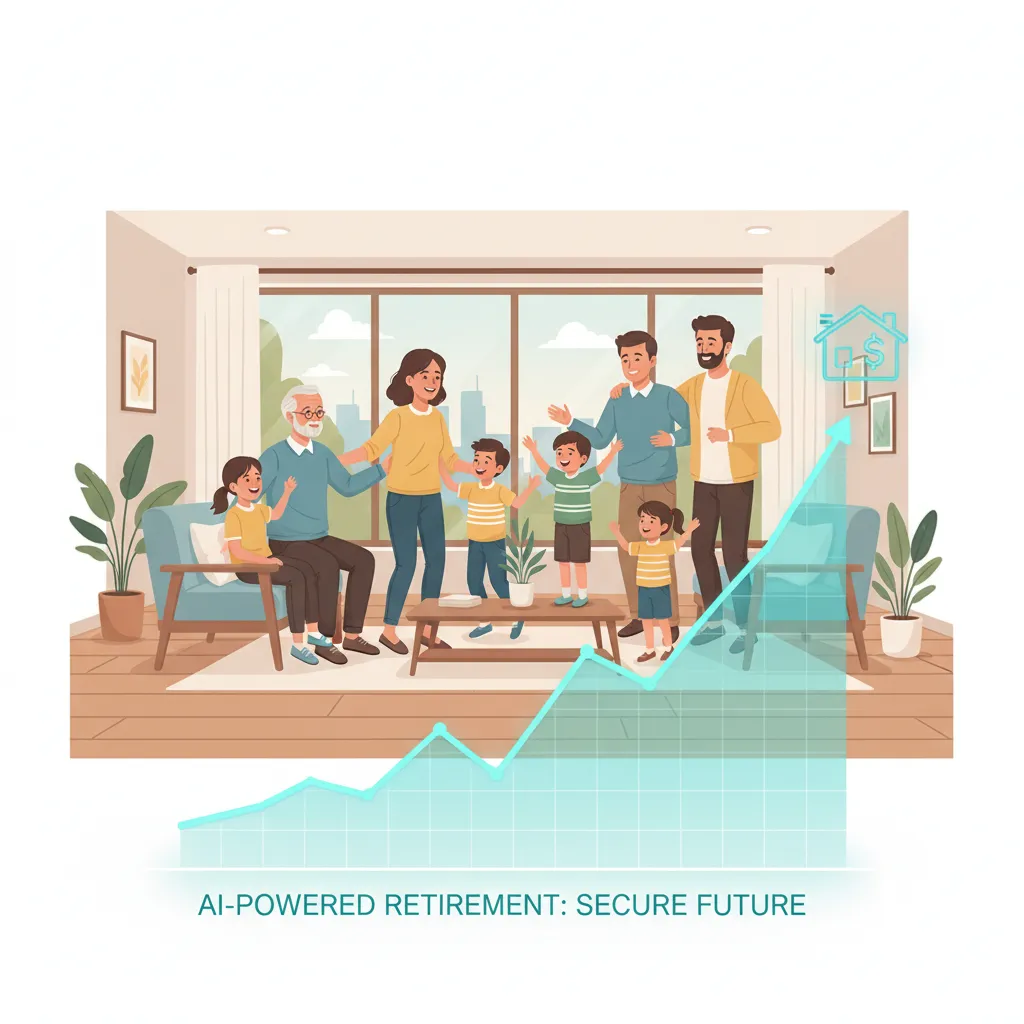 Multi-generational family with AI financial projection overlay