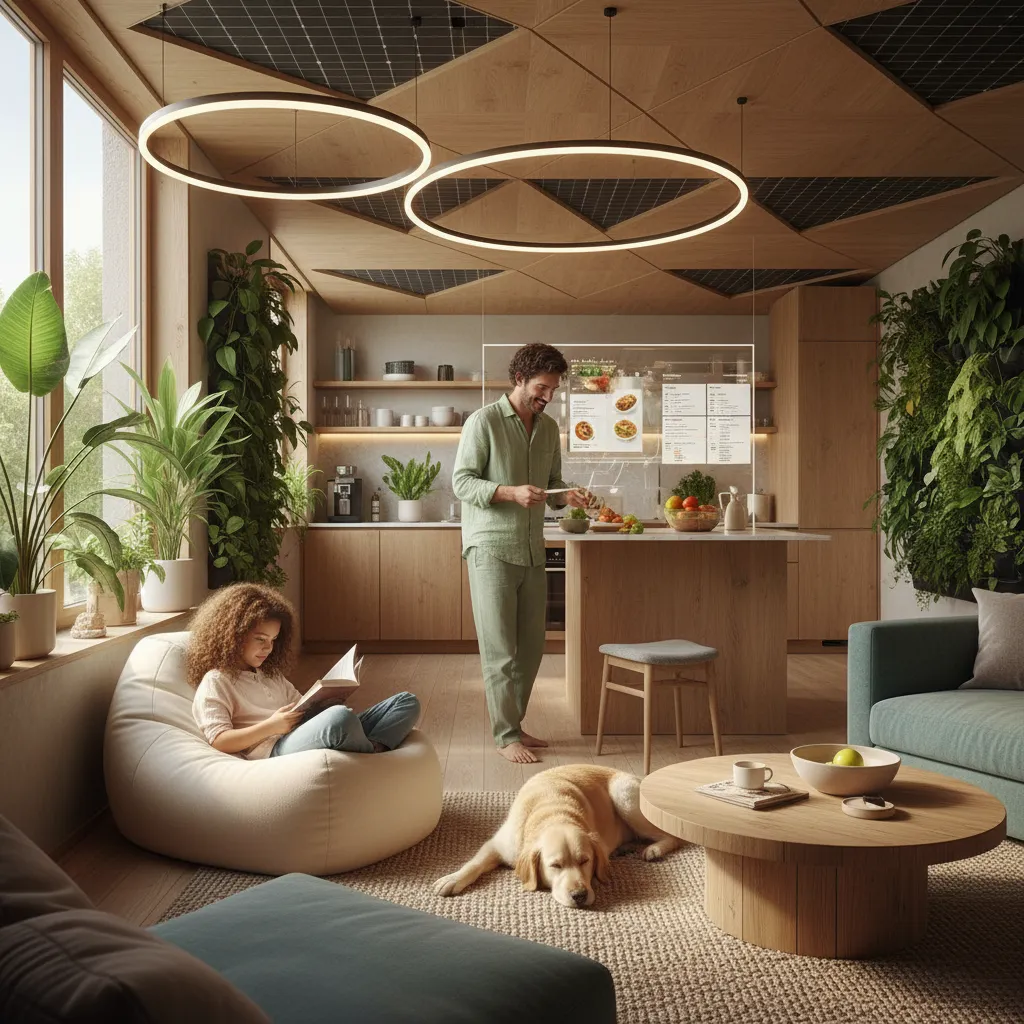 A happy family relaxing in a comfortable, bright living room seamlessly managed by a sustainable AI smart home system.