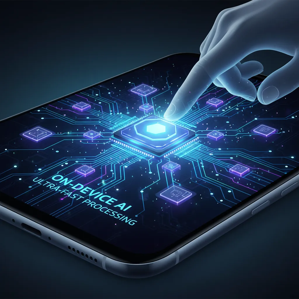 Smartphone screen showing fast on-device AI processing with glowing data pathways.