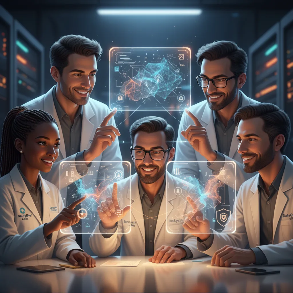 Researchers collaborating on federated learning with glowing data projections.