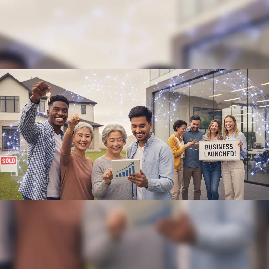 Diverse group of people reaching financial goals, with a glowing AI presence in the background symbolizing empowerment.