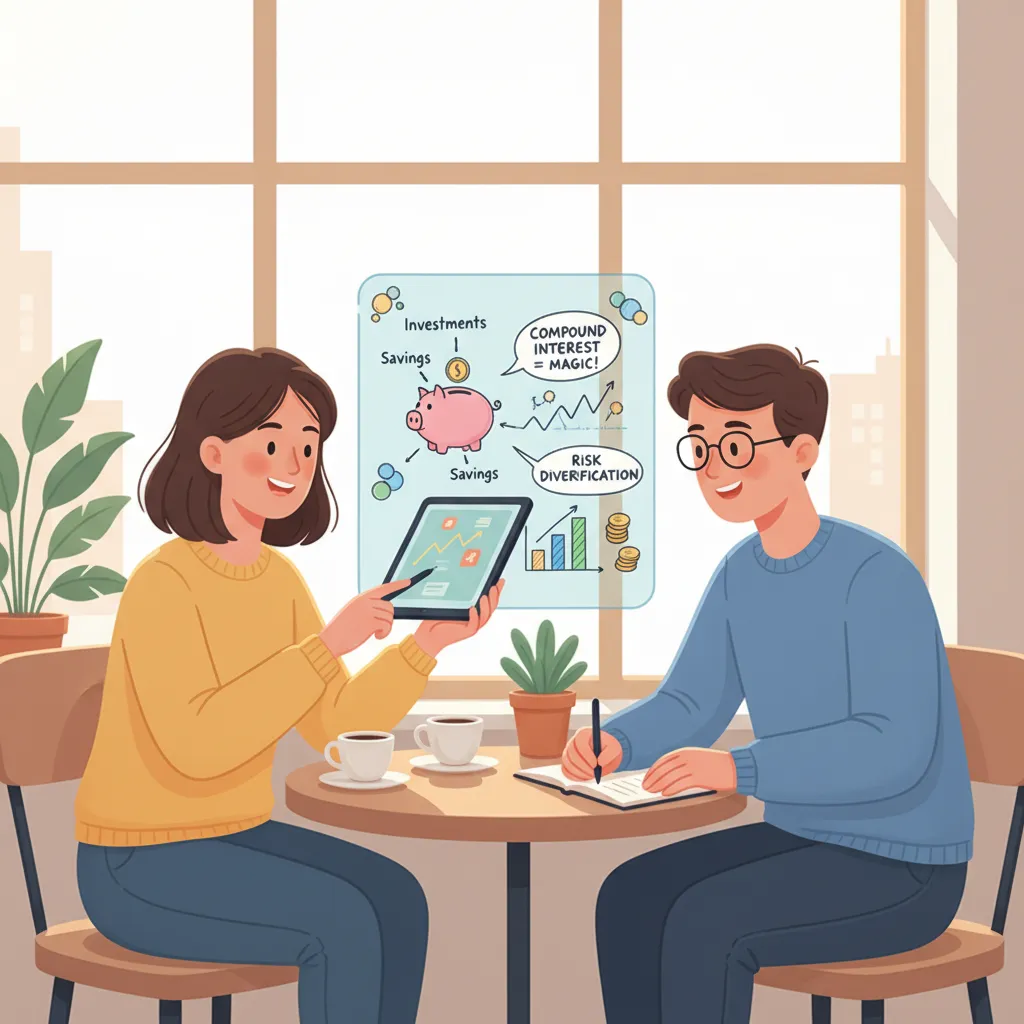 Two young adults discussing financial concepts, one mentoring the other